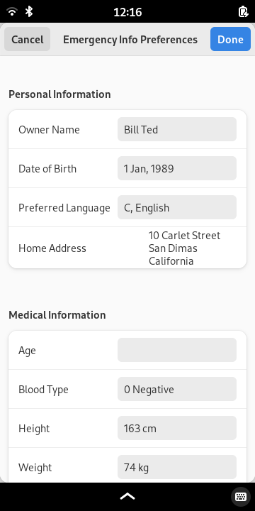 Screenshot of the Emergency Info config